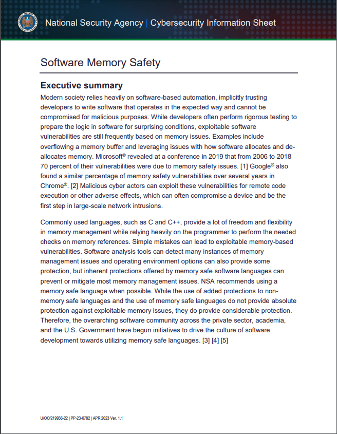  CSI: Software Memory Safety (April 2023 Update)