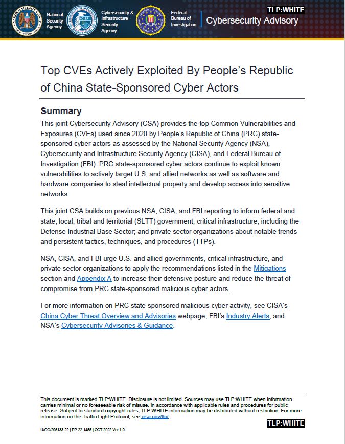  CSA: Top Common Vulnerabilities and Exposures (CVEs) Actively Exploited by People’s Republic of China State-Sponsored Cyber Actors (October 2022)