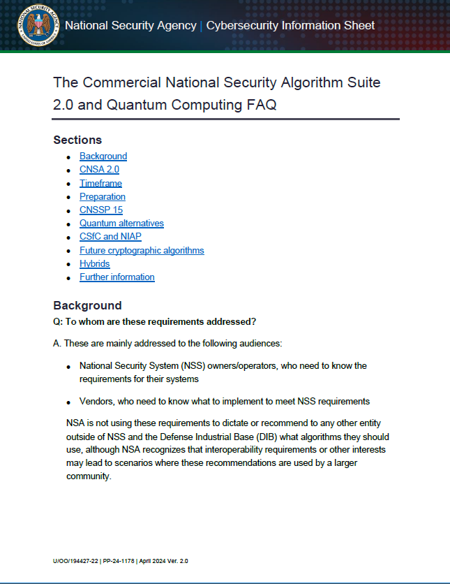  CSI: Commercial National Security Algorithm Suite 2.0 (CNSA 2.0) FAQ (April 2024 Update)