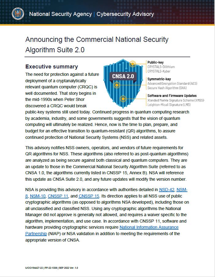  CSA: Commercial National Security Algorithm Suite 2.0 (CNSA 2.0)