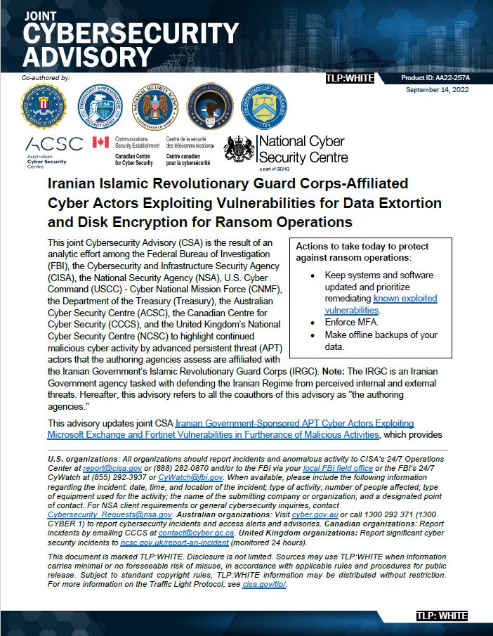  CSA: Iranian Islamic Revolutionary Guard Corps-Affiliated Cyber Actors Exploiting Vulnerabilities for Data Extortion and Disc Encryption for Ransom Operations
