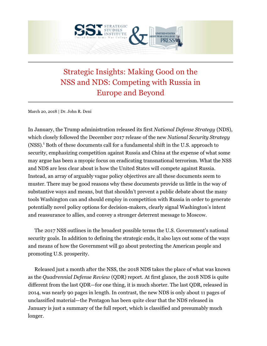  Strategic Insights: Making Good on the NSS and NDS: Competing with Russia in Europe and Beyond