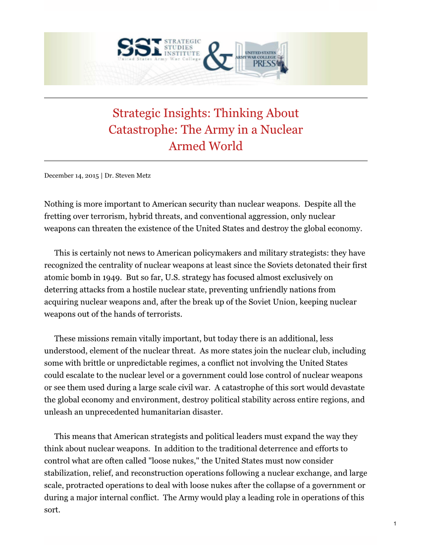  Strategic Insights: Thinking About Catastrophe: The Army in a Nuclear  Armed World