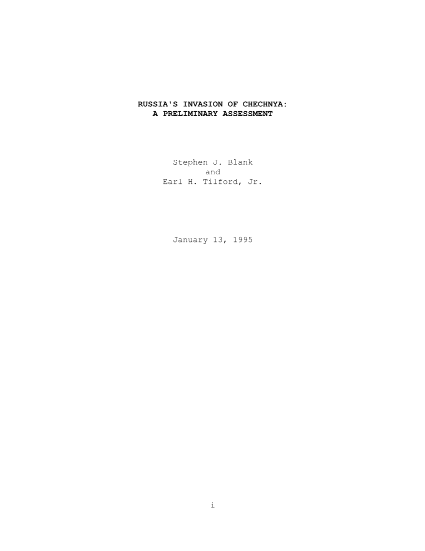  Russia's Invasion of Chechnya: A Preliminary Assessment