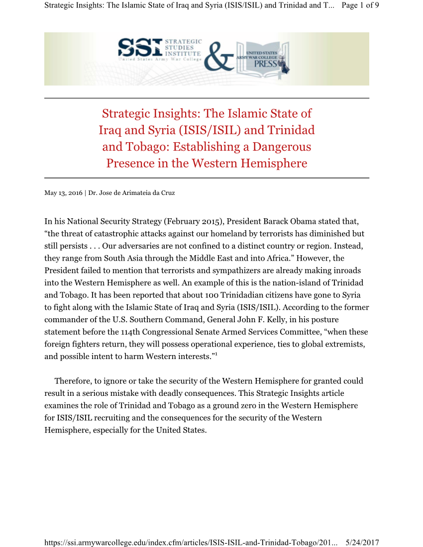  Strategic Insights: The Islamic State of Iraq and Syria (ISIS/ISIL) and Trinidad and Tobago: Establishing a Dangerous Presence in the Western Hemisphere