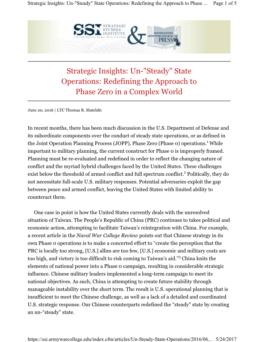  Strategic Insights: Un-"steady" State Operations: Redefining the Approach to Phase Zero in a Complex World