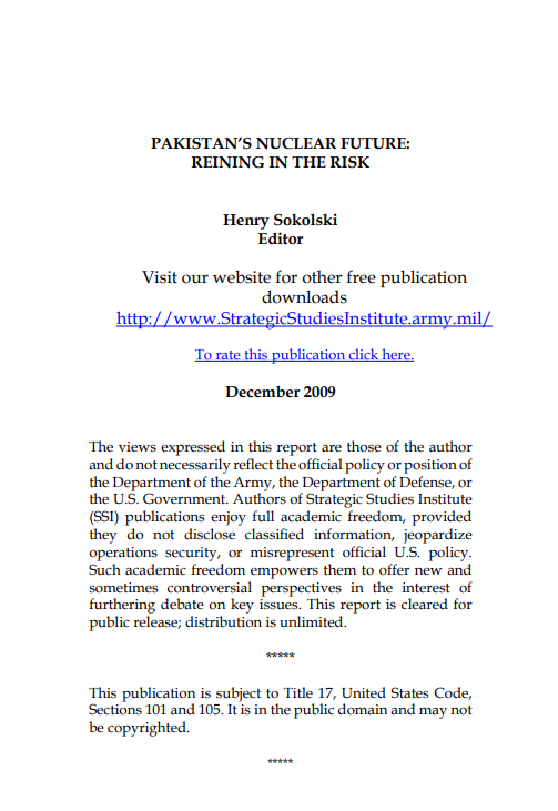  Pakistan's Nuclear Future: Reining in the Risk