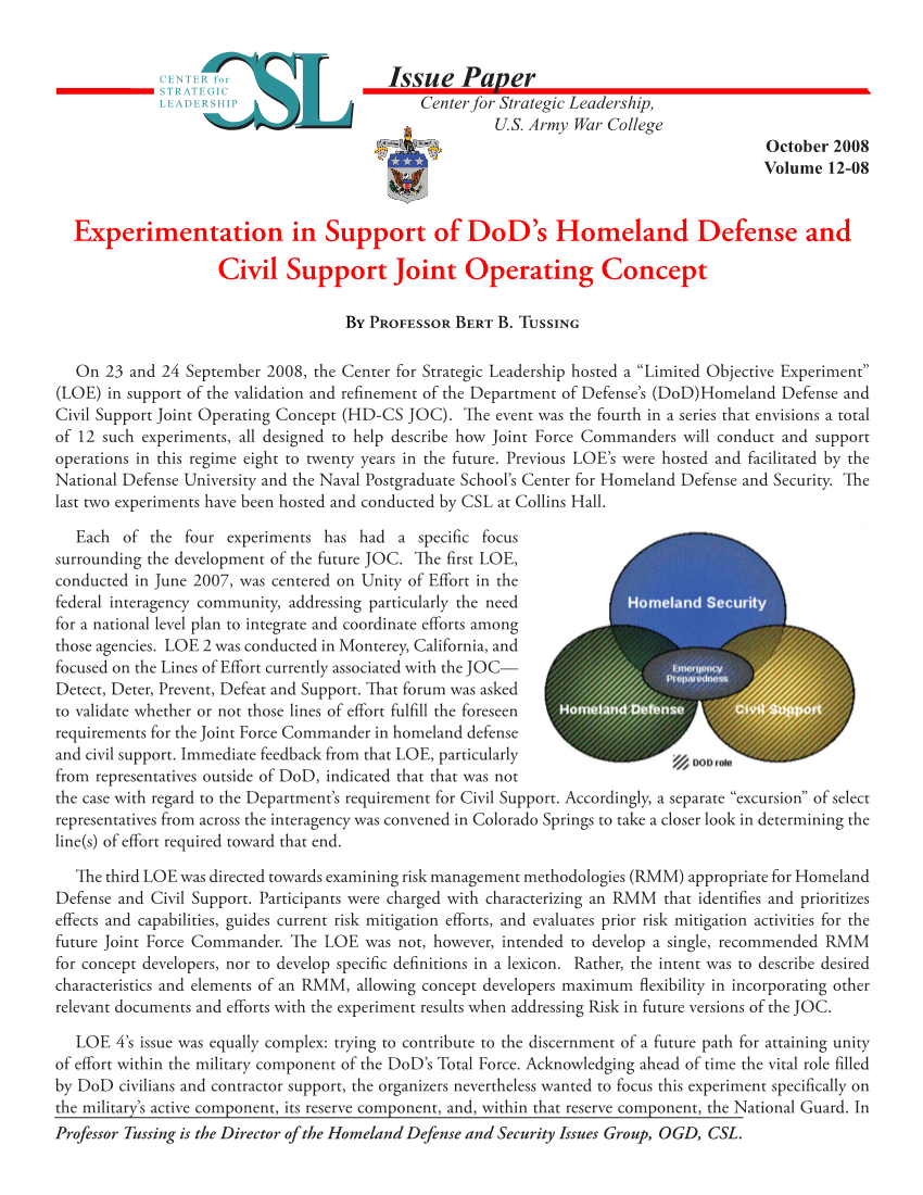  Experimentation in Support of DoD's Homeland Defense and Civil Support Joint Operating Concept