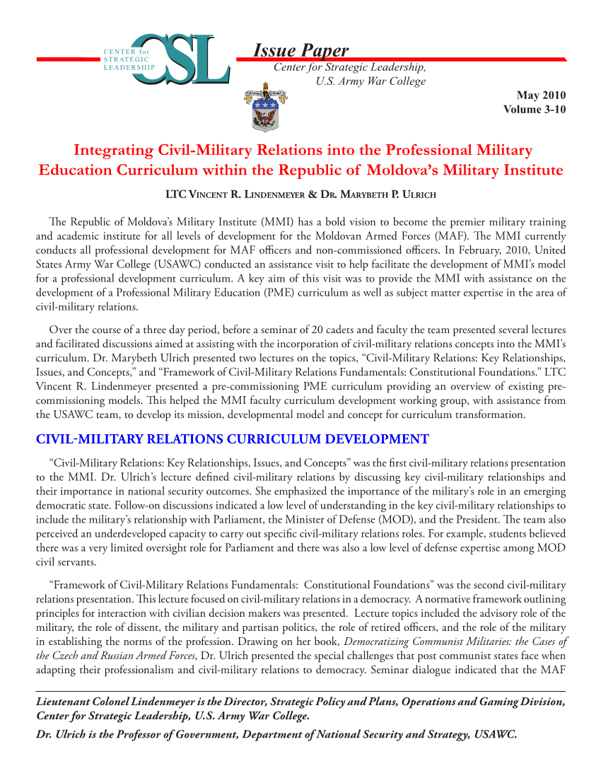  Integrating Civil-Military Relations into the Professional Military Education Curriculum within the Republic of Moldova's Military Institute