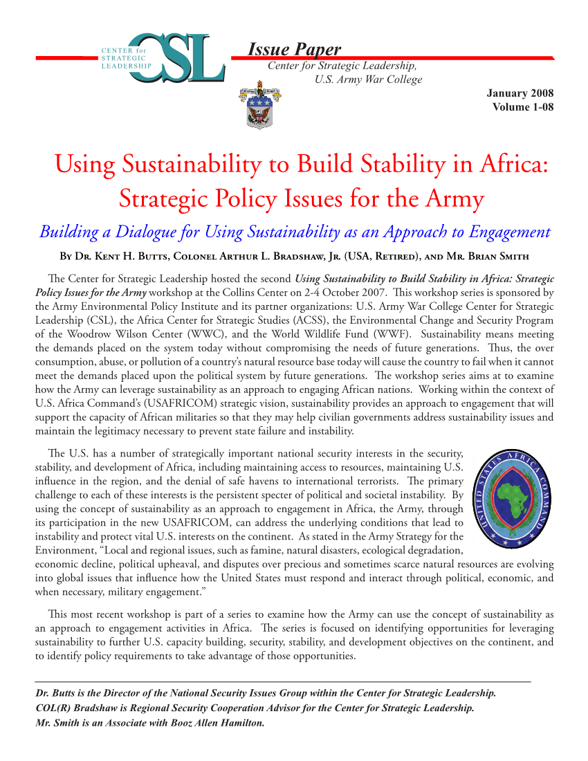  Using Sustainability to Build Stability in Africa: Strategic Policy Issues for the Army