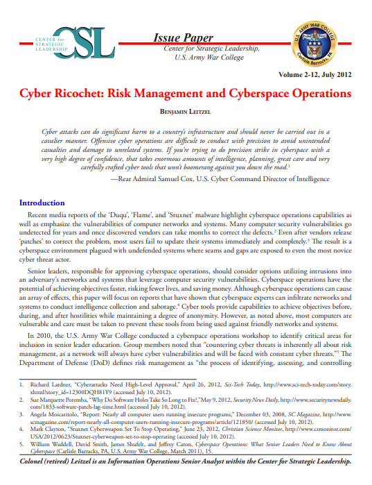  Cyber Ricochet: Risk Management and Cyberspace Operations