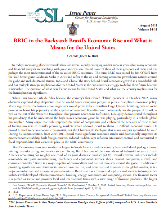  BRIC in the Backyard: Brazil's Economic Rise and What it Means for the United States