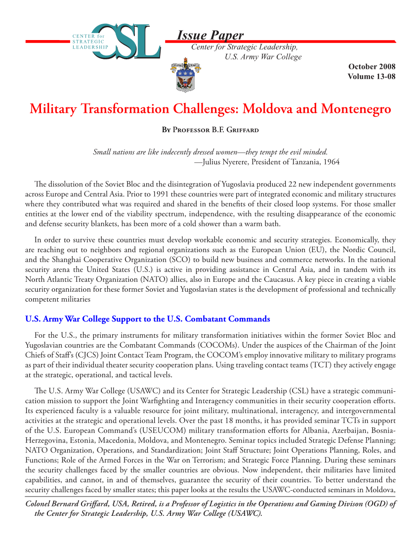  Military Transformation Challenges: Moldova and Montenegro
