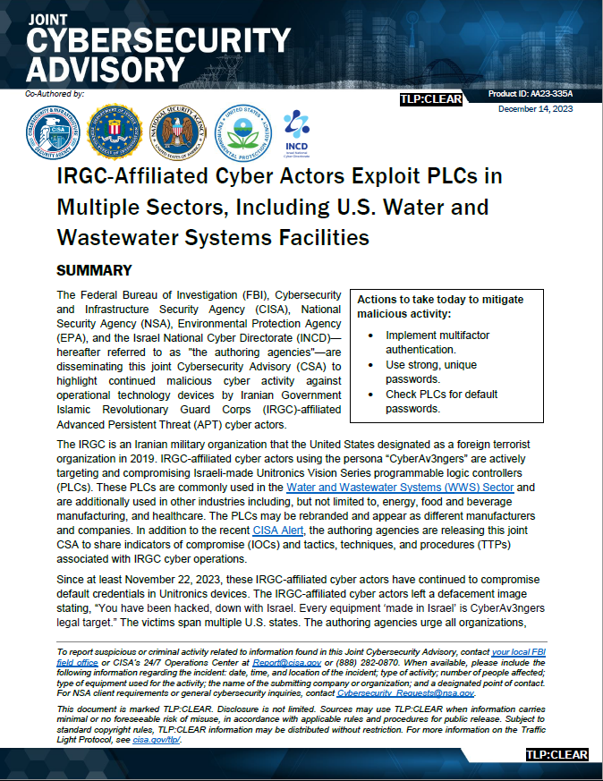  CSA: IRGC-Affiliated Cyber Actors Exploit PLCs in Multiple Sectors, Including U.S. Water and Wastewater Systems Facilities