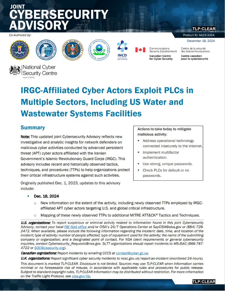  CSA: IRGC-Affiliated Cyber Actors Exploit PLCs in Multiple Sectors, Including U.S. Water and Wastewater Systems Facilities (December 2024 update)