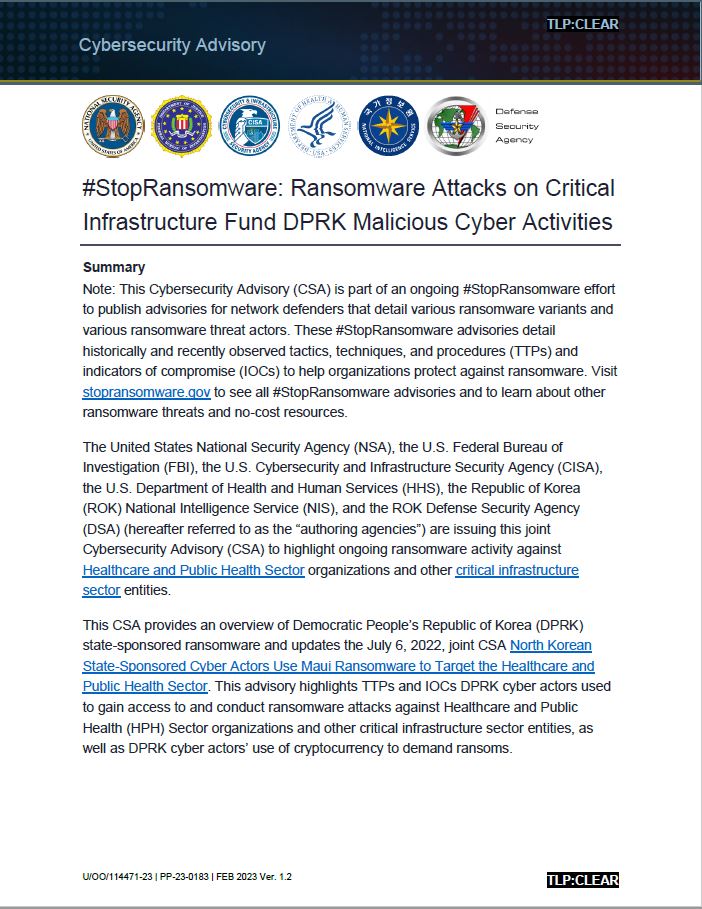 CSA: Ransomware Attacks on Critical Infrastructure Fund DPRK Malicious Cyber Activities