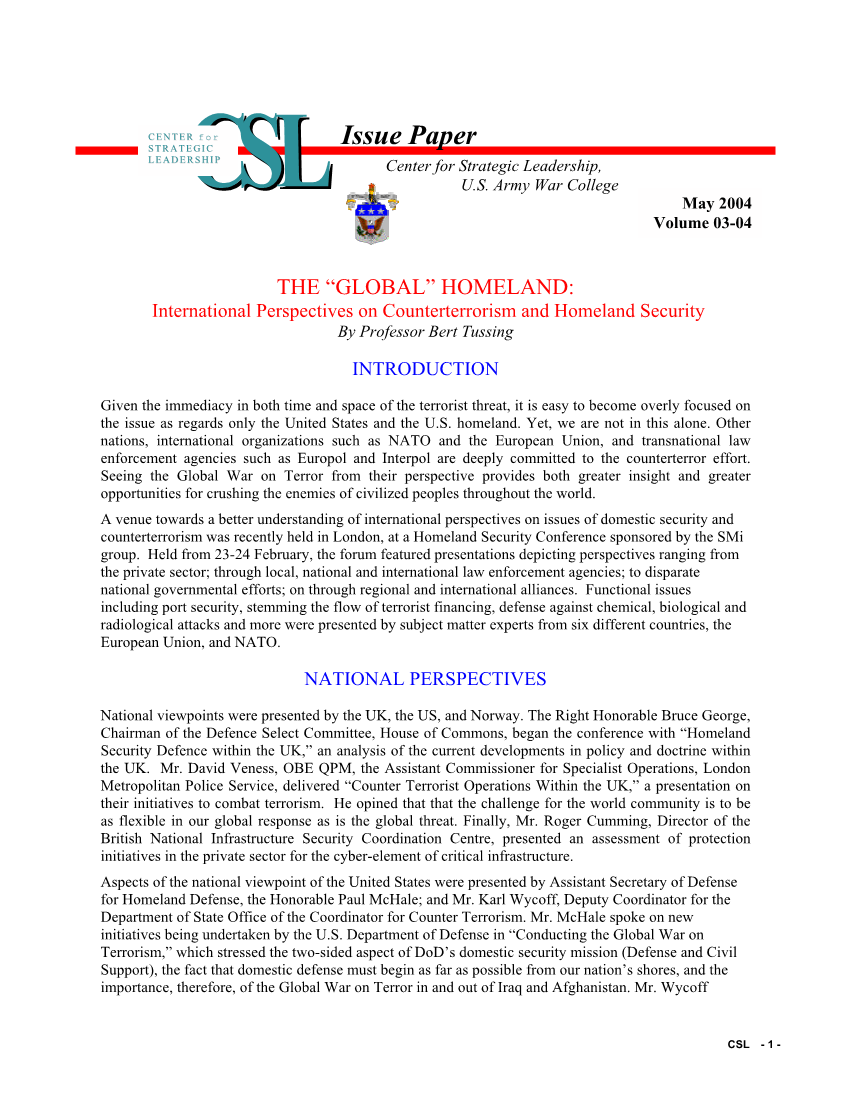  The 'Global ' Homeland: International Perspectives on Counterterrorism and Homeland Security