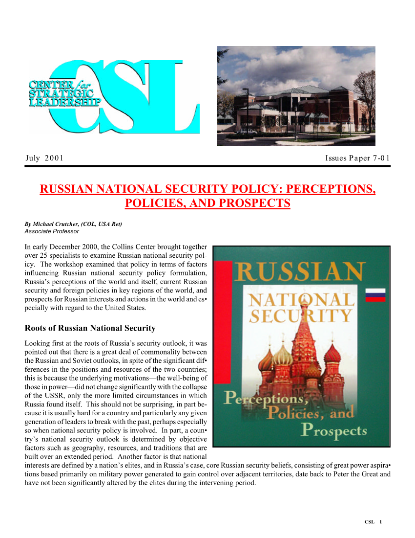  Russian National Security Policy: Perceptions Policies and Prospects