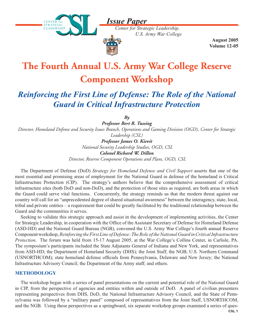  The Fourth Annual USAWC Reserve Component Workshop: The Role of the National Guard in Critical Infrastructure Protection