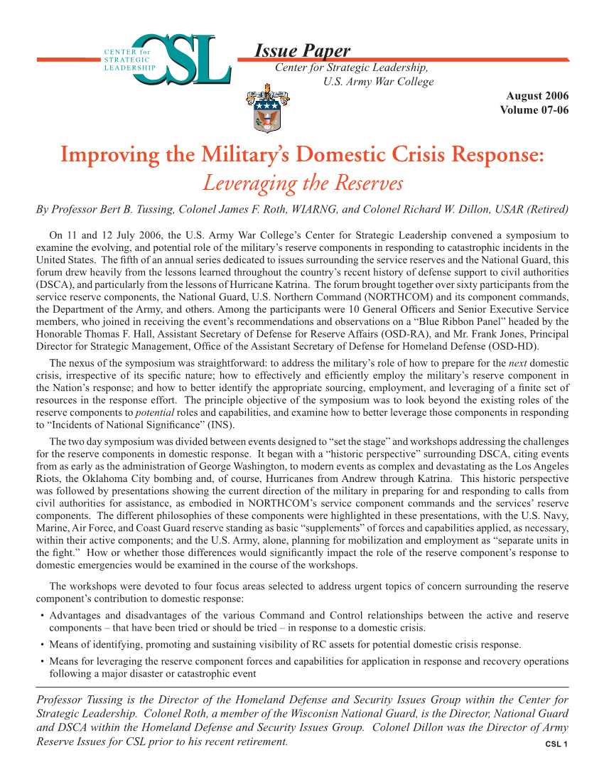  Improving the Military's Domestic Crisis Response