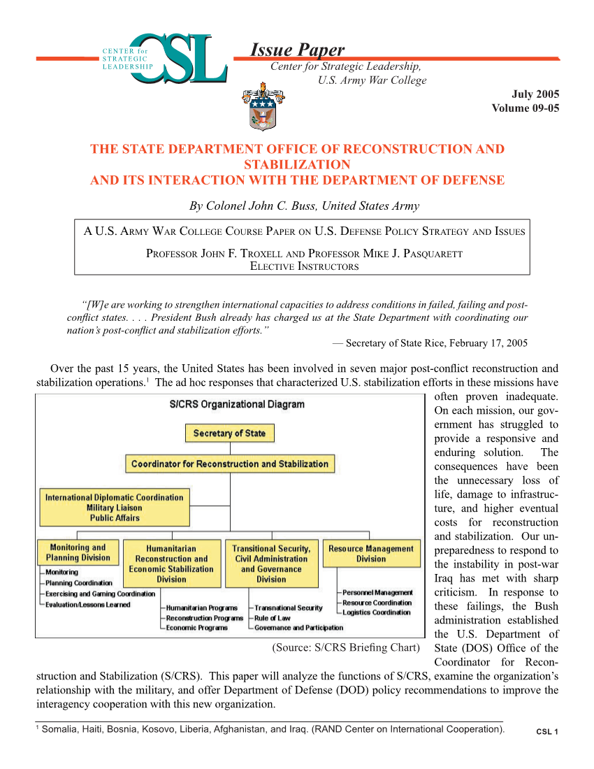  The State Department Office of Reconstruction and Stabilization and its Interaction with the Department of Defense