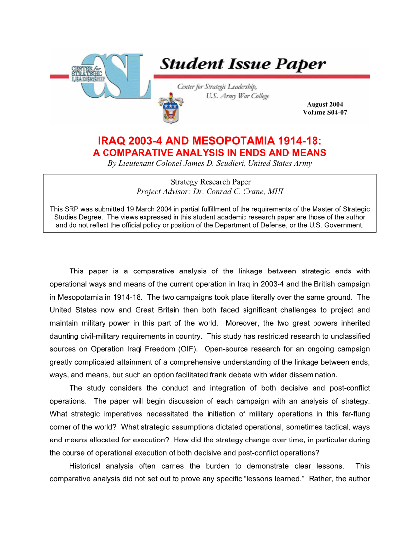  Iraq 2003-4 and Mesopotamia 1914-18: A Comparative Analysis in Ends and Means