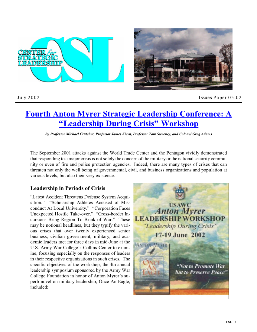  Fourth Anton Myrer Strategic Leadership Conference: A 'Leadership During Crisis' Workshop
