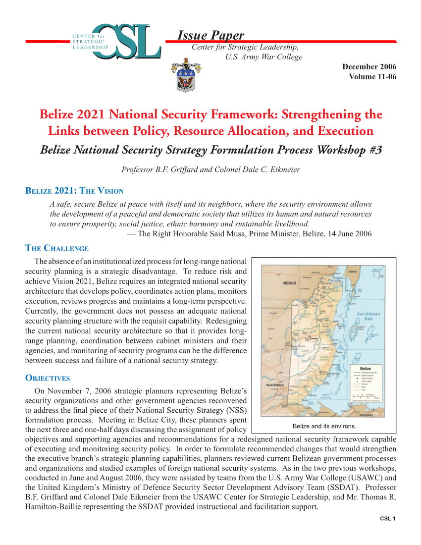  Belize 2021 National Security Framework: Strengthening the Links between Policy, Resource Allocation and Execution