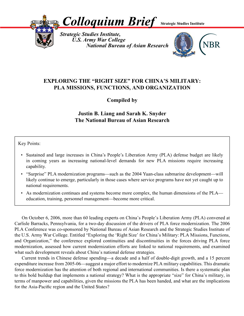  Exploring the "Right Size" for China's Military: PLA Missions, Functions, and Organizations