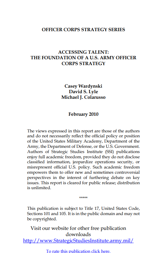  Accessing Talent: The Foundation of a U.S. Army Officer Corps Strategy