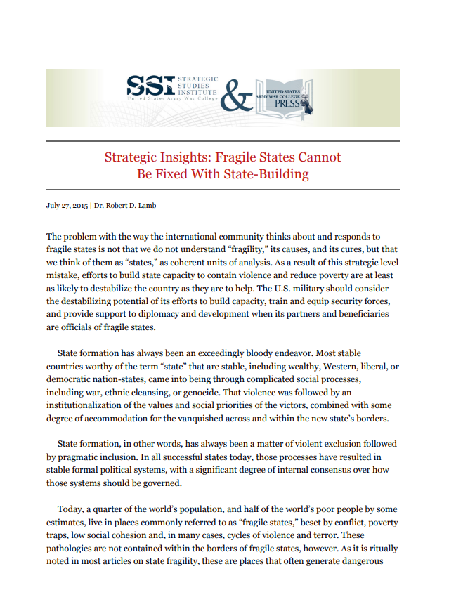  Strategic Insights: Fragile States Cannot Be Fixed With State-Building