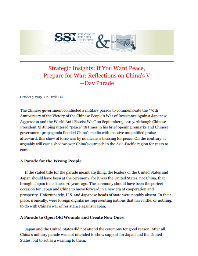  Strategic Insights: If You Want Peace, Prepare for War: Reflections on China's V–Day Parade