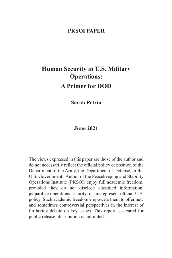  Human Security in U.S. Military Operations: A Primer for DOD