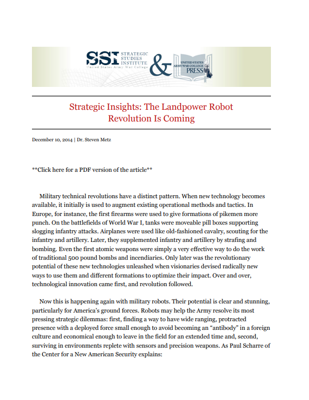  Strategic Insights: The Landpower Robot Revolution Is Coming