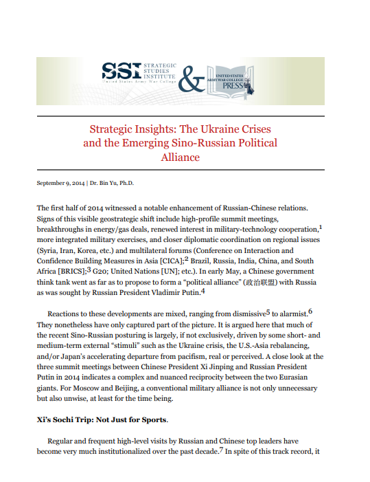  Strategic Insights: The Ukraine Crises and the Emerging Sino-Russian Political Alliance
