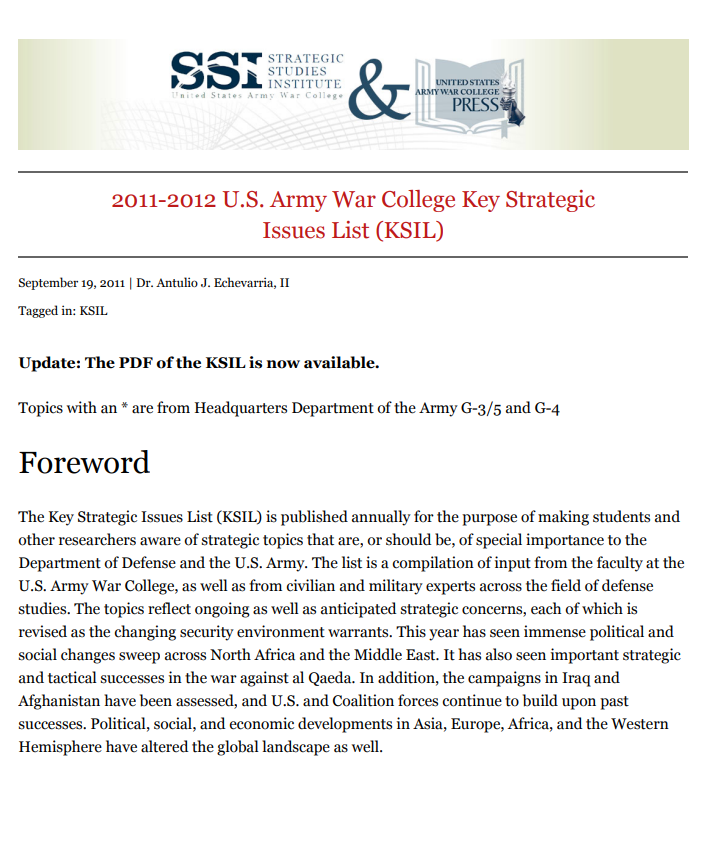  2011-2012 US Army War College Key Strategic Issues List