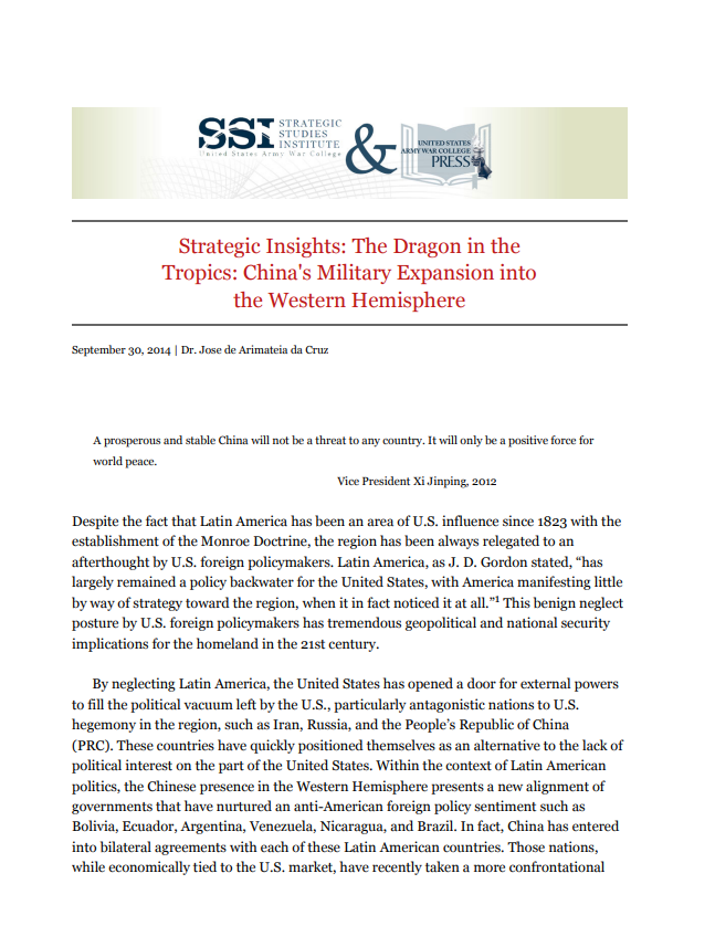 Strategic Insights: The Dragon in the Tropics: China's Military Expansion into the Western Hemisphere