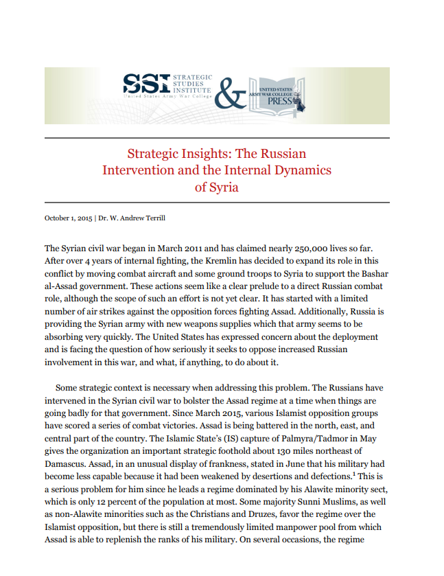  Strategic Insights: The Russian Intervention and the Internal Dynamics of Syria