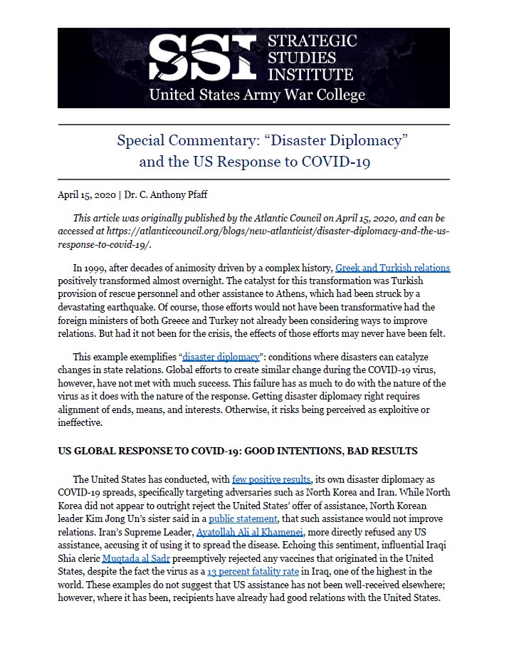  “Disaster Diplomacy” and the US Response to COVID-19