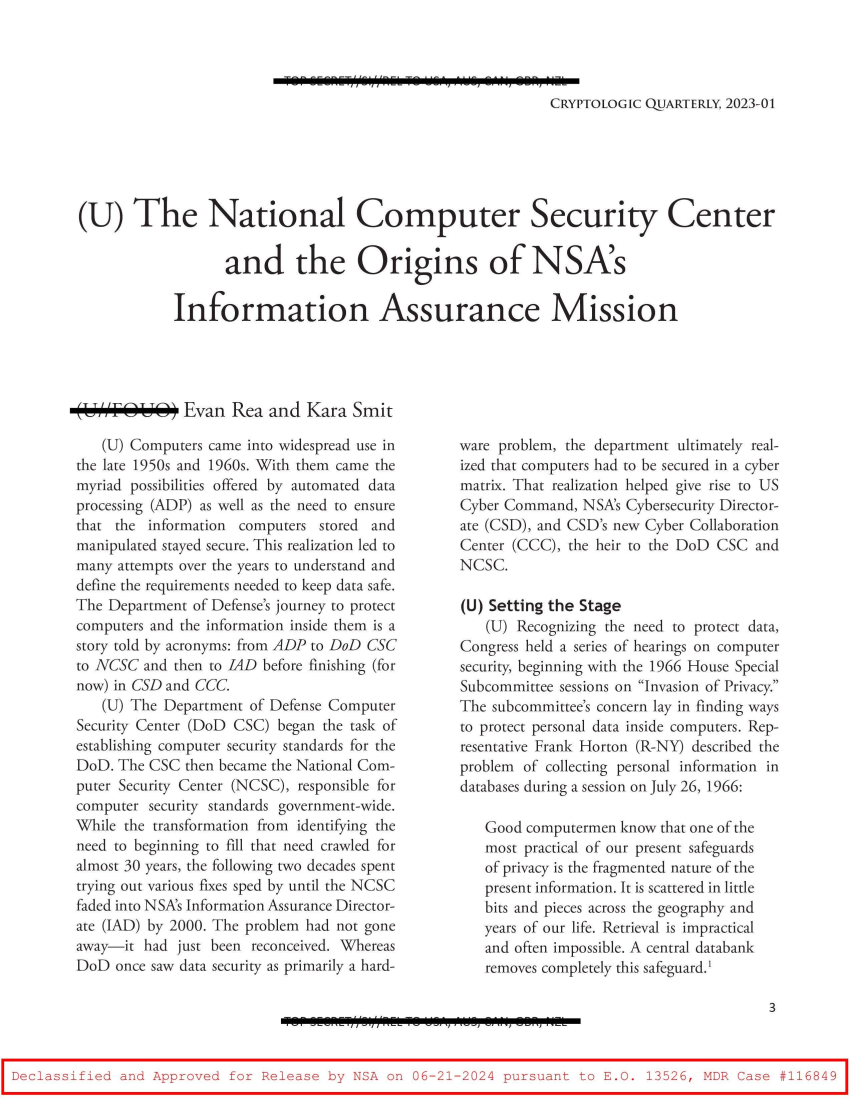  National Computer Security Center and the Origins of NSA's Information Assurance Mission