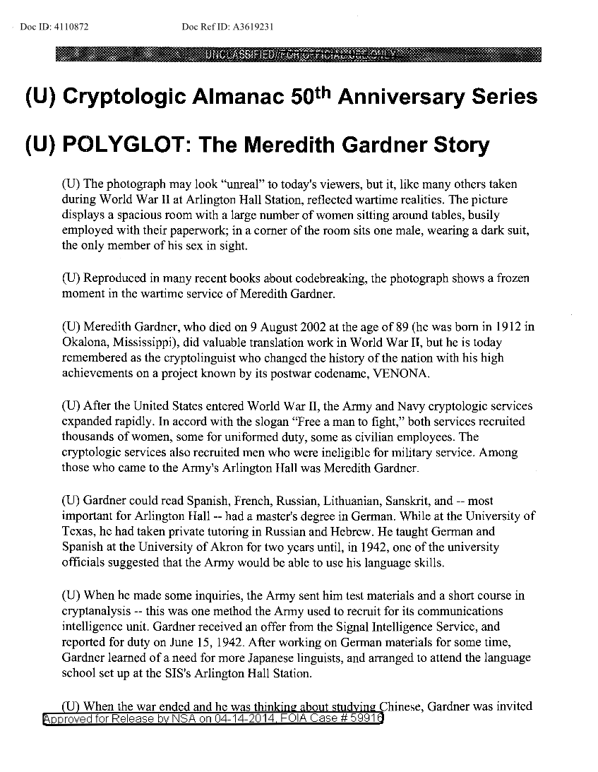  Cryptologic Almanac 50th Anniversary Series Polyglot: The Meredith Gardner Story