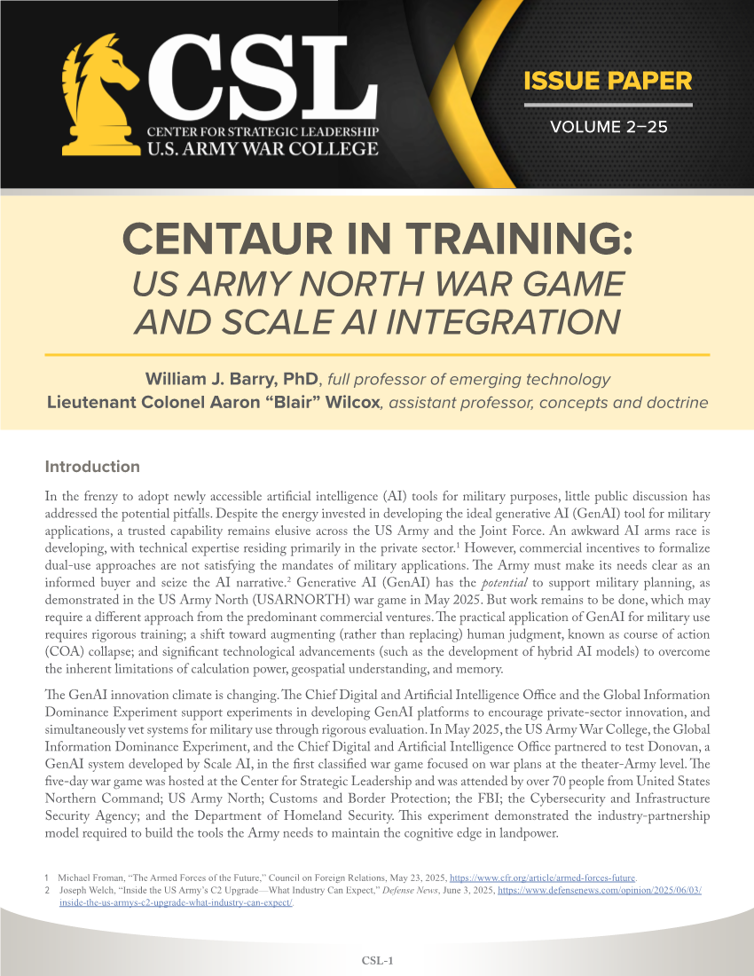  Centaur in Training: US Army North War Game and Scale AI Integration