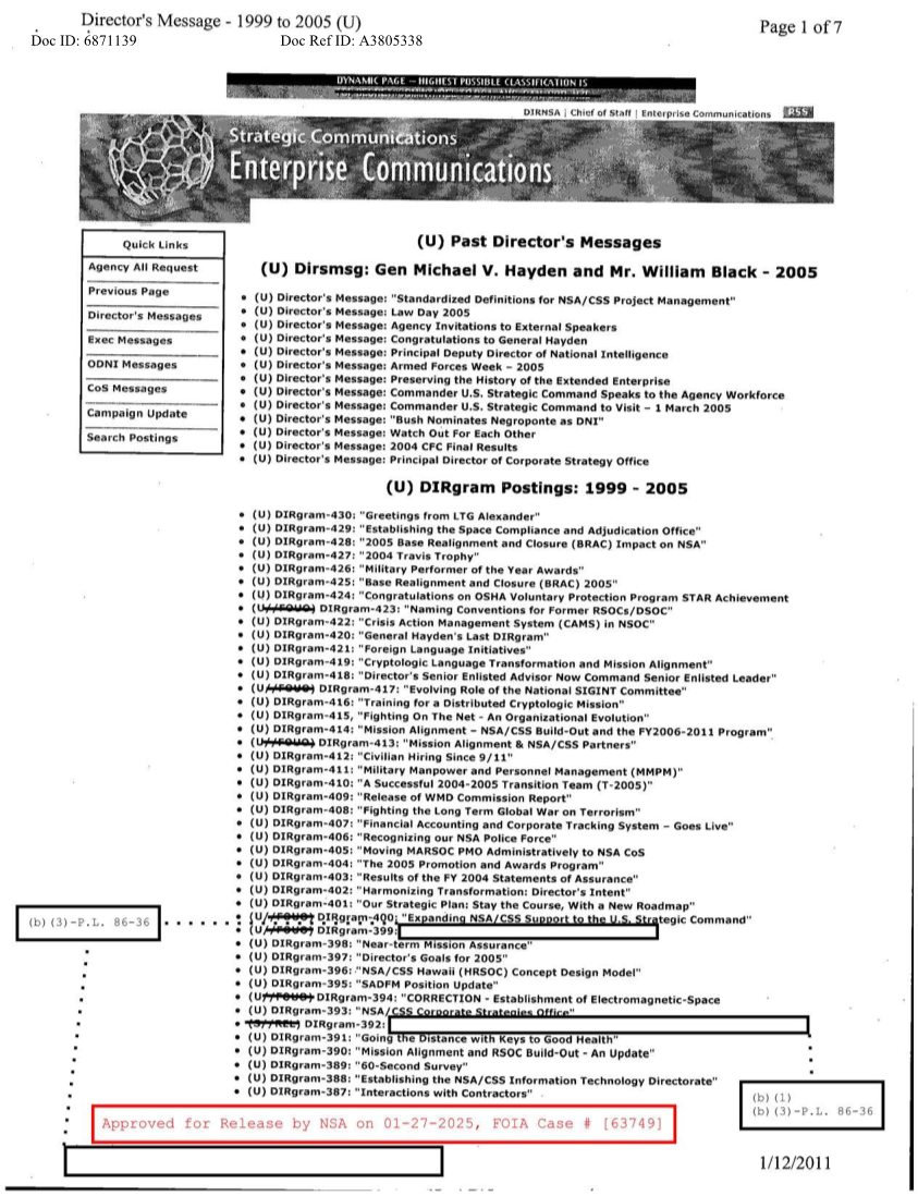  DIRSMSG GEN MICHAEL V. HAYDEN AND MR. WILLIAM BLACK-2005