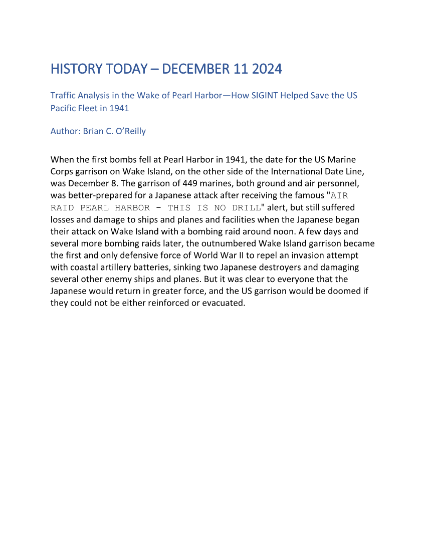  History Today - Traffic Analysis in the Wake of Pearl Harbor DECEMBER 11 2024