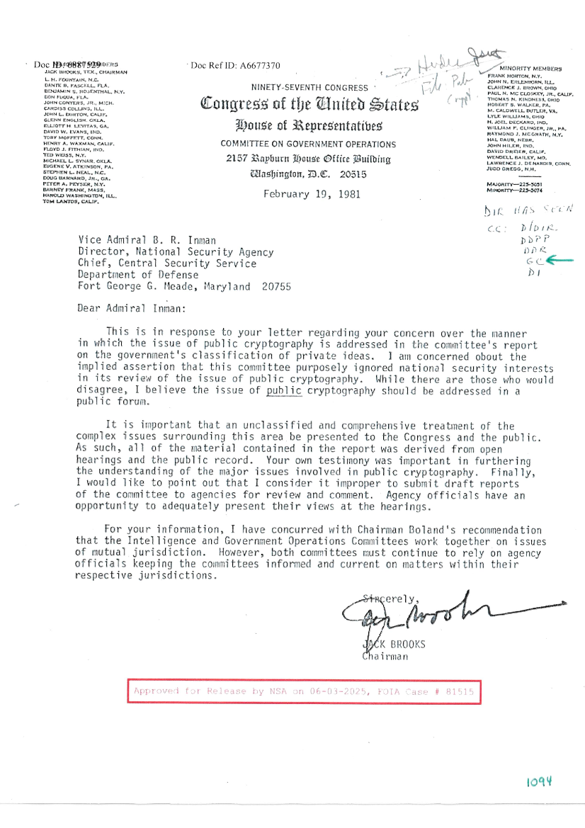  NSA_CONGRESSMAN BROOKS LETTER TO DIRECTOR NSA-GOVERNMENT CLASSIFICATION OF PRIVATE IDEAS.PDF