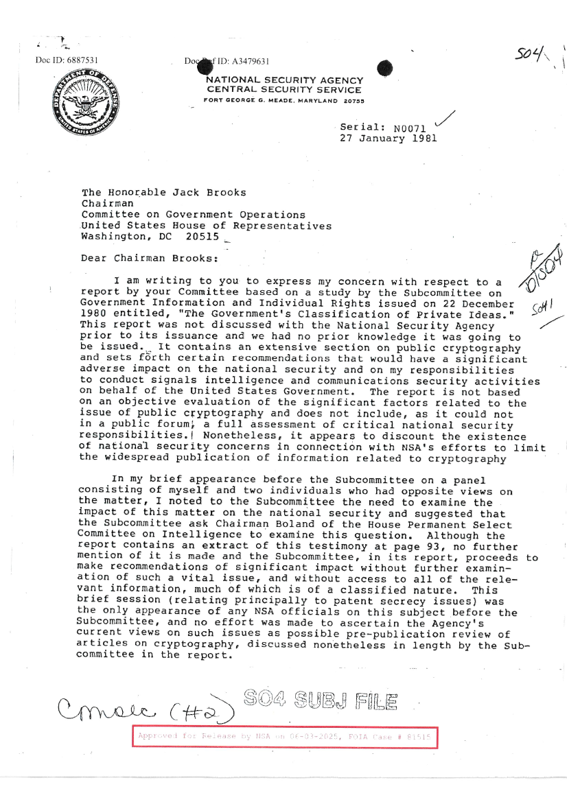  DIRNSA EXPRESSES SERIOUS CONCERNS TO HOUSE GOVERNEMENT OPERATIONS COMMITTEE OVER ITS RECOMMENDATIONS ON PUBLIC CRYPTOGRAPHY.PDF