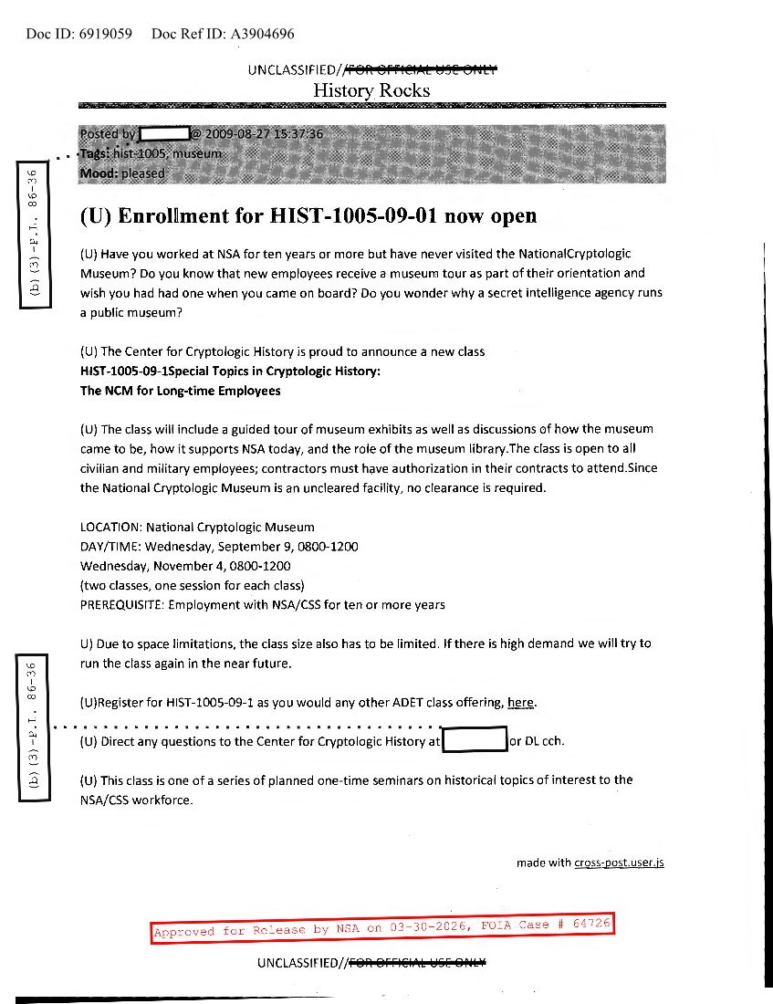  NSA HISTORY ROCKS-ENROLLMENT FOR HIST-1005-09-01 NOW OPEN