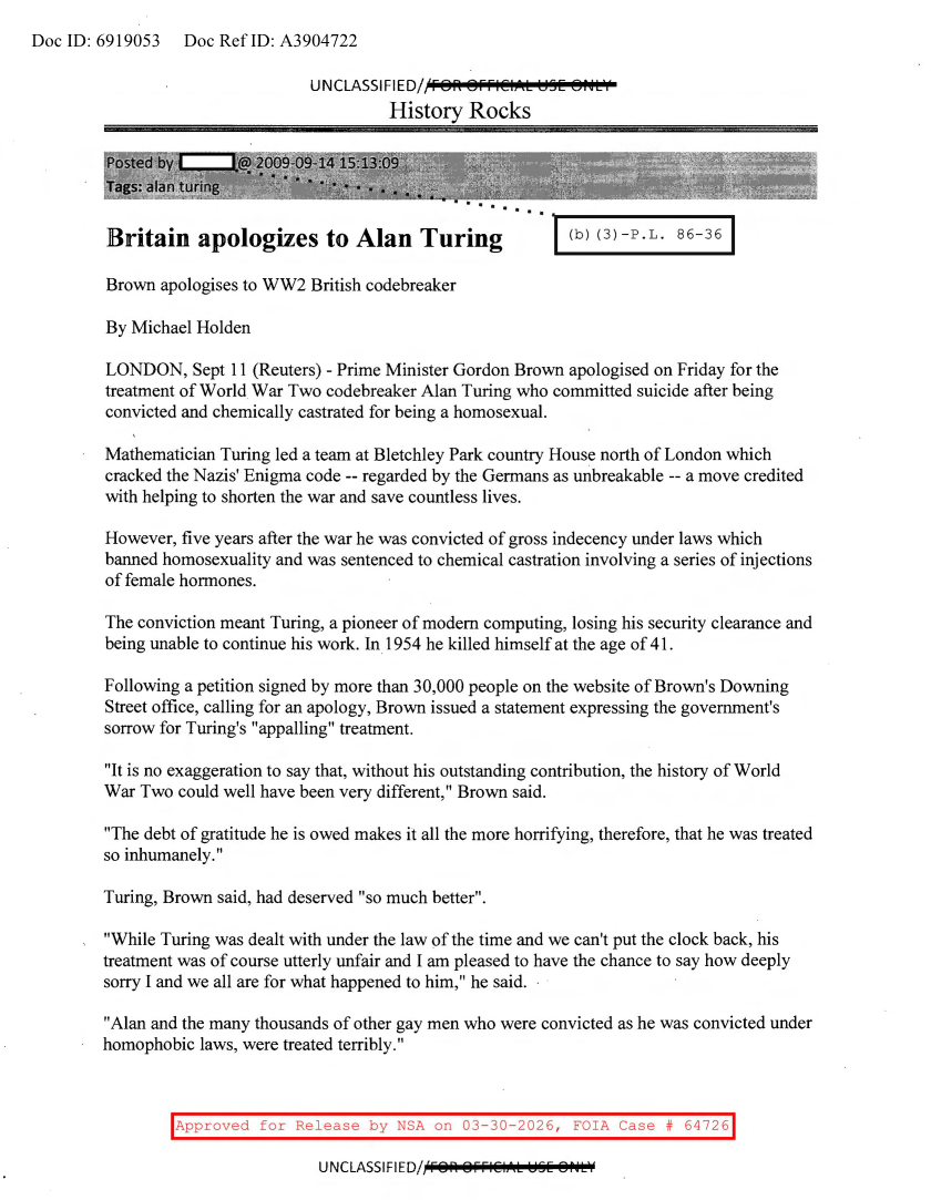  NSA HISTORY ROCKS-BRITAIN APOLOGIZES TO ALAN TURING