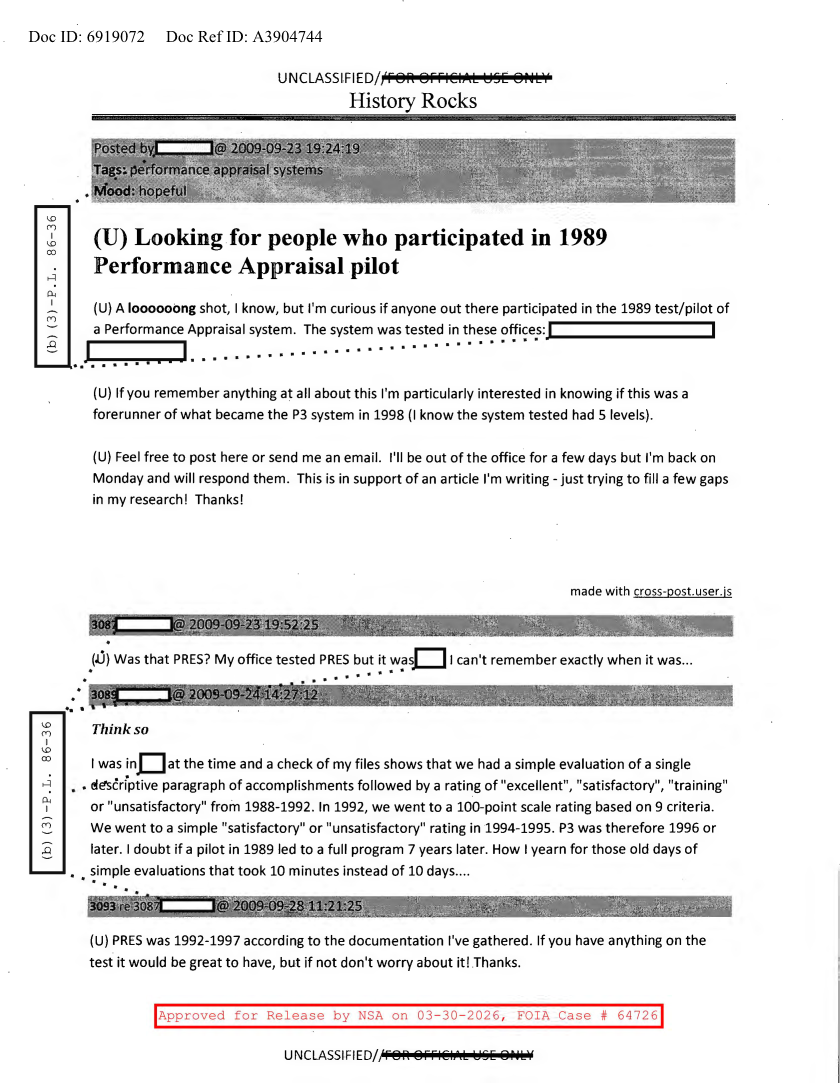  NSA HISTORY ROCKS-LOOKING FOR PEOPLE WHO PARTICIPATED IN 1989 PERFORMANCE APPRAISAL PILOT