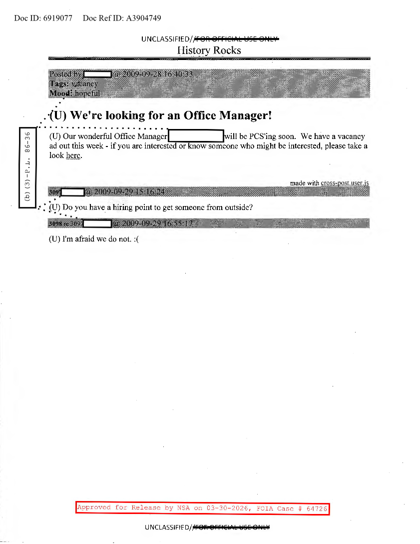  NSA HISTORY ROCKS-WE'RE LOOKING FOR AN OFFICE MANAGER